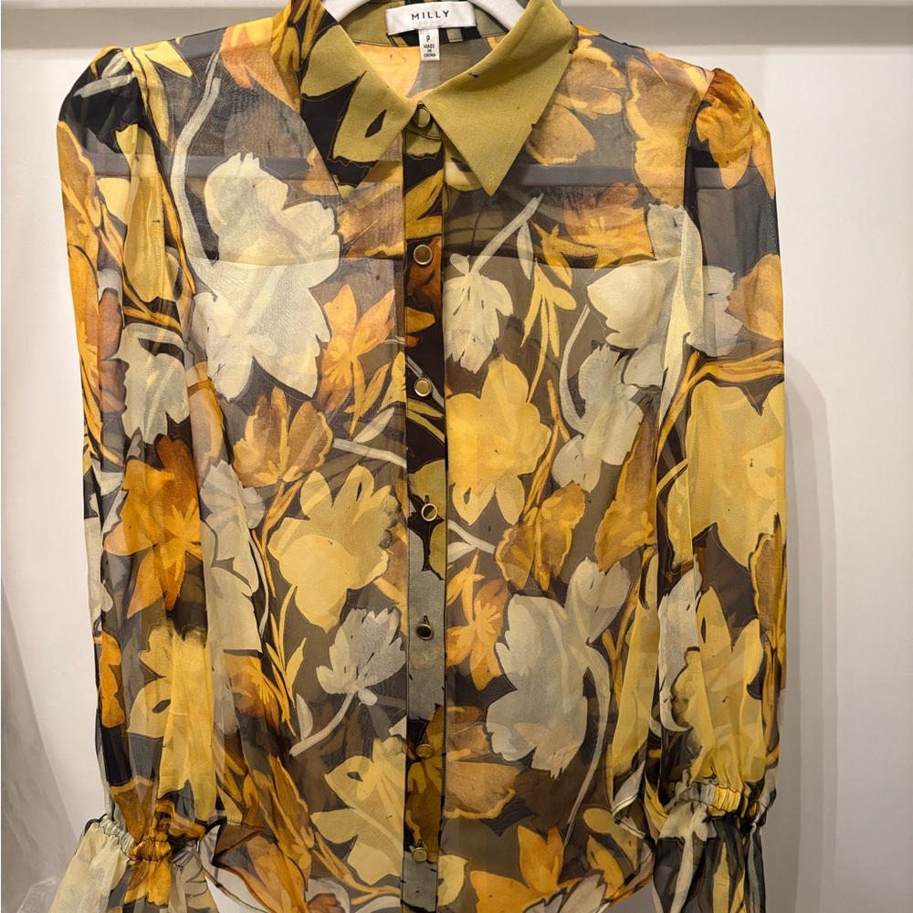 Milly Sheer Leaf print Blouse - Yellow and Black-petite
